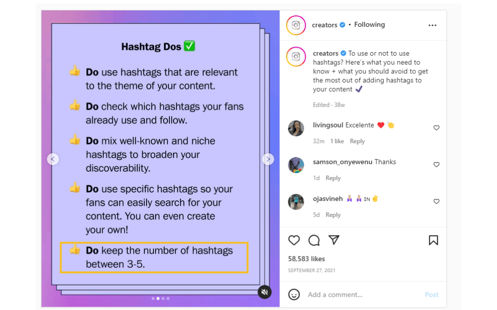 Instagram creators account hashtag advice 1